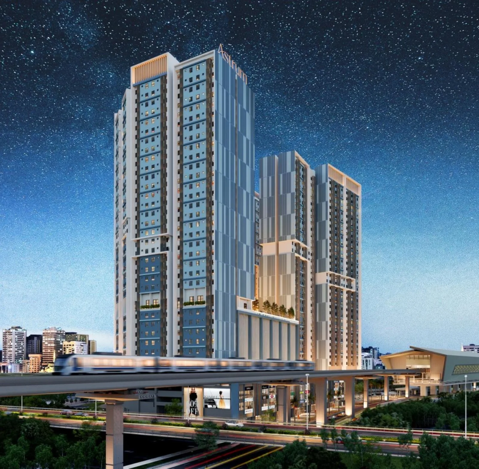 Astrum Shah Alam towers at dusk with LRT train, artist's impression