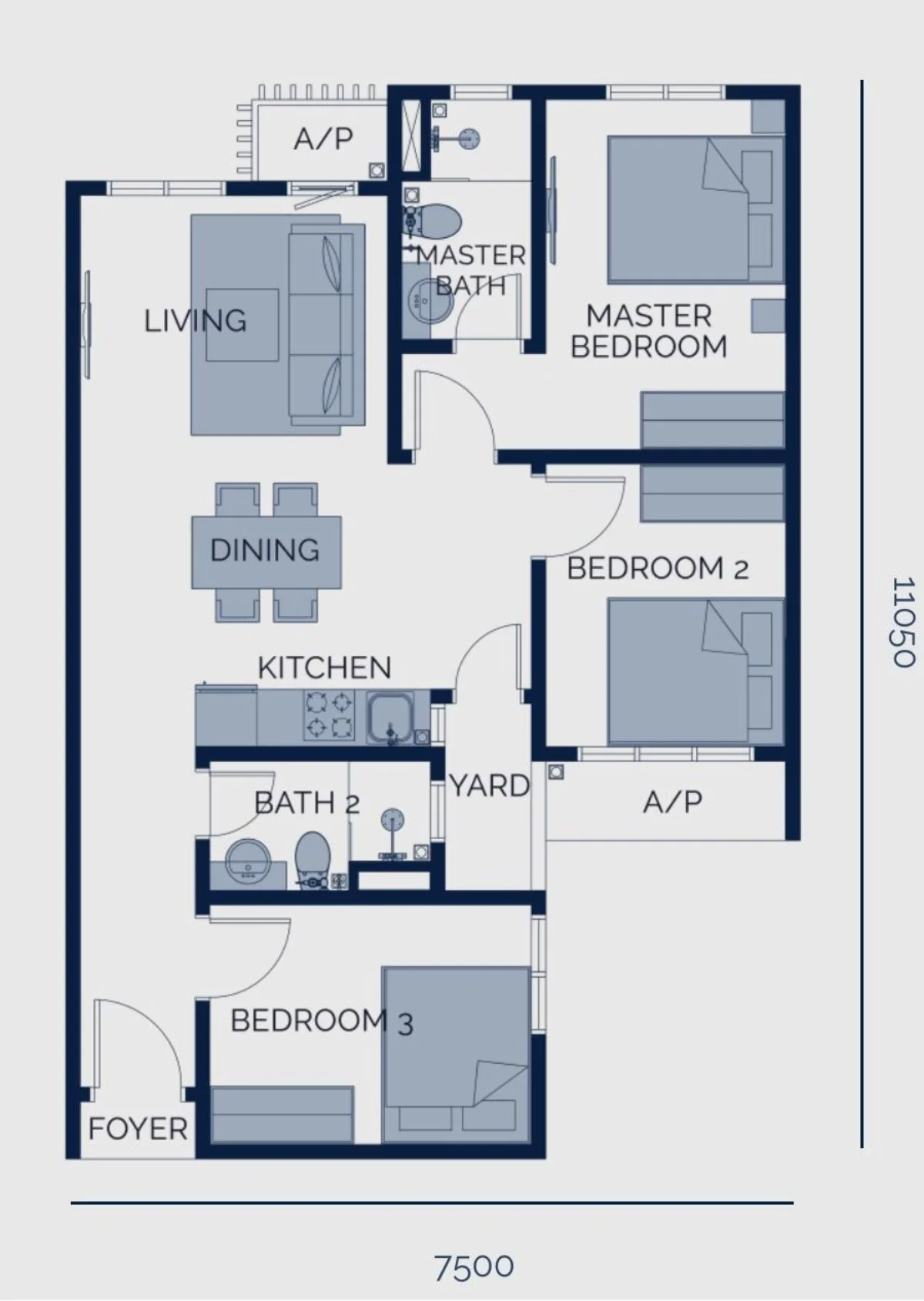 Astrum Shah Alam Type B floor plan — 775 sq ft, 3 bedrooms