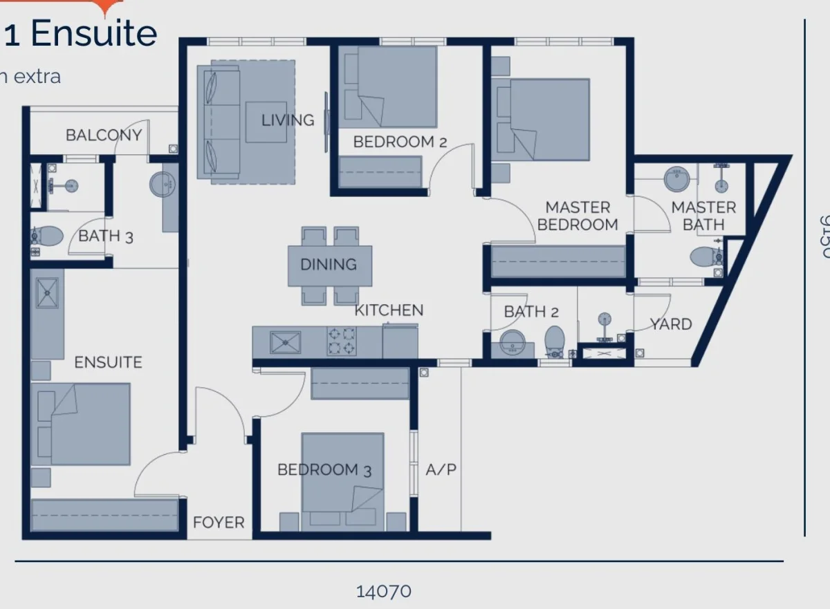 Astrum Shah Alam Type C floor plan — 1,054 sq ft, 3 bedrooms with ensuite
