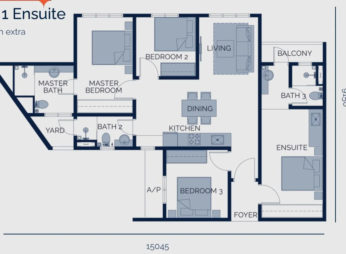 Astrum Shah Alam Type D floor plan — 1,065 sq ft, 3 bedrooms with ensuite
