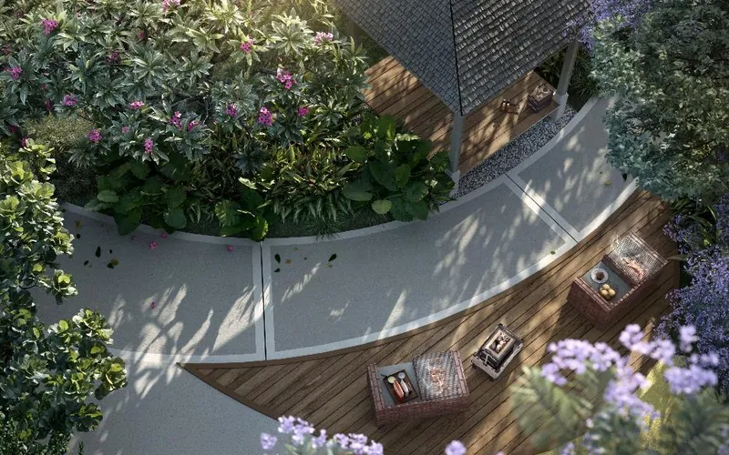 Avalon Cybersouth Kampung BBQ deck with seating and planting, artist's impression