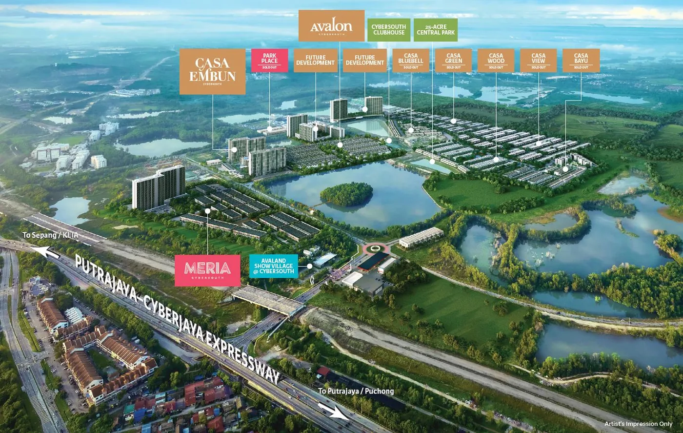 Developer aerial map of the Avalon Cybersouth site beside Cybersouth Lake showing other Cybersouth phases and the Putrajaya–Cyberjaya Expressway