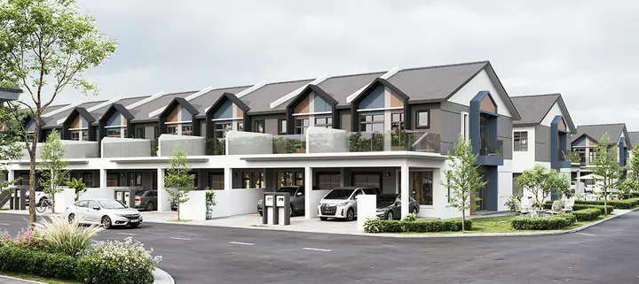 Artist's impression of a corner row of double-storey terrace homes with grey gables at Bandar Layangkasa