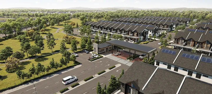 Artist's impression of the township entrance and terrace homes at Bandar Layangkasa from above