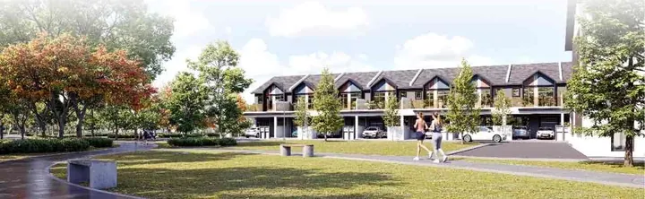 Artist's impression of a parkside row of terrace homes with people jogging on the lawn at Bandar Layangkasa