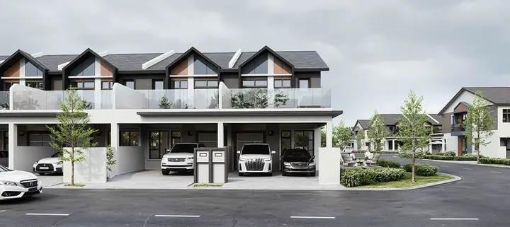 Artist's impression of a street of double-storey terrace homes with car porches at Bandar Layangkasa