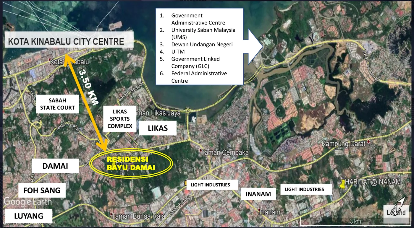 Developer location plan of Residensi Bayu Damai about 3.5 km from Kota Kinabalu city centre near Likas, Damai, Foh Sang and Inanam