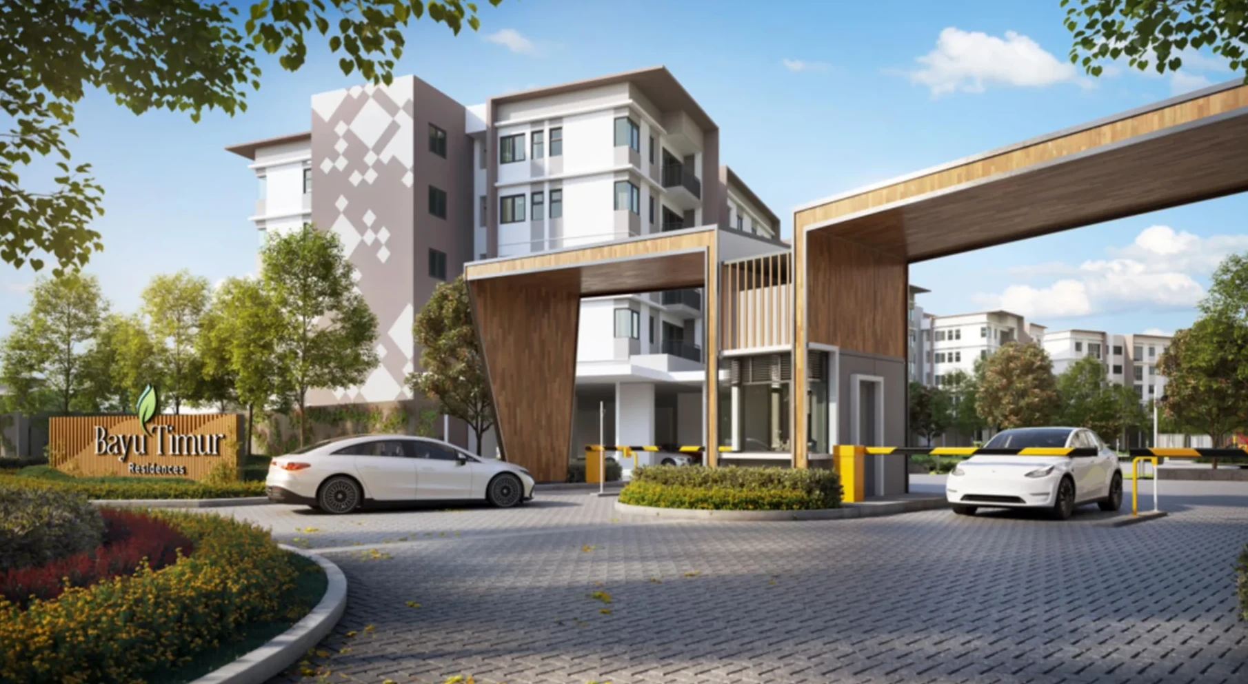 Bayu Timur Residences guarded entrance with wooden gateway and signage, artist's impression