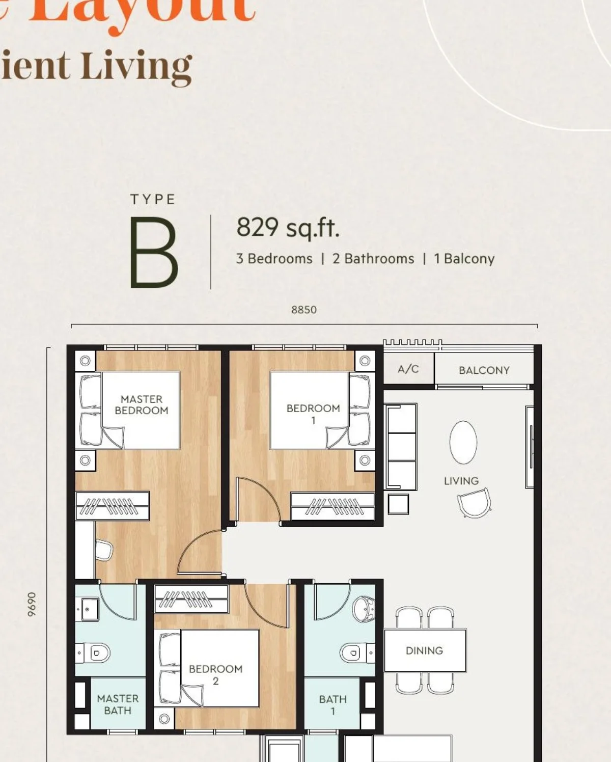 Bayu @ Mori Park Type B floor plan — 829 sq ft