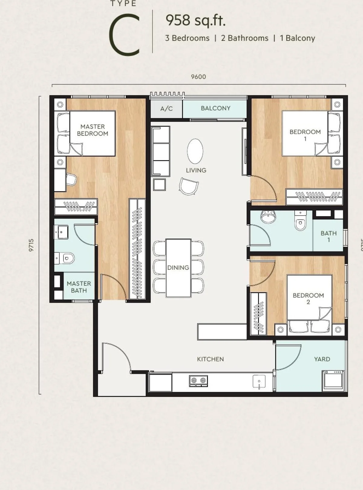 Bayu @ Mori Park Type C dual-key floor plan — 958 sq ft