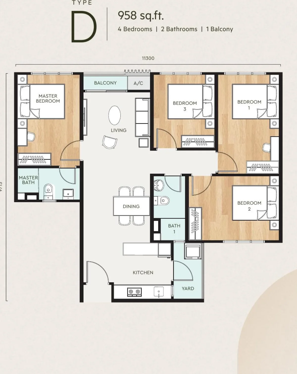 Bayu @ Mori Park Type D floor plan — 958 sq ft, 4 bedrooms