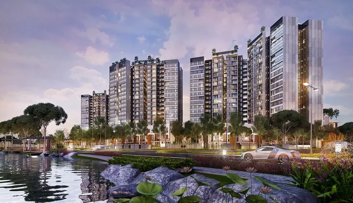Artist's impression of the Botanika towers beside the Tebrau River with lily pads in the foreground, Tebrau Coast, Johor Bahru