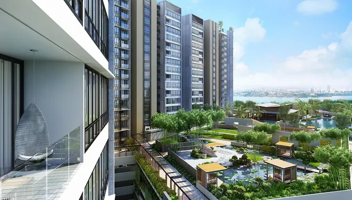Artist's impression of the podium garden seen from an apartment balcony at Botanika, with the Tebrau River beyond