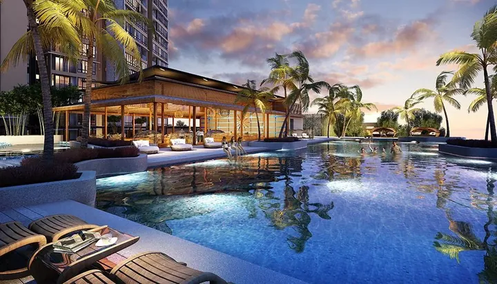 Artist's impression of the podium swimming pool and pavilion at Botanika Tebrau Coast at sunset