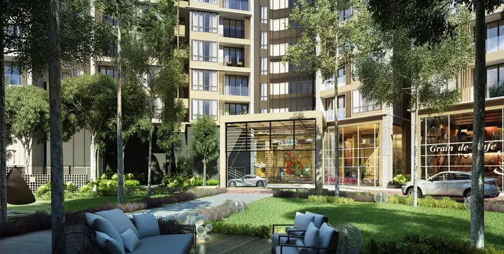 Artist's impression of the landscaped terrace and ground-floor cafe in front of the Botanika towers