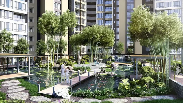 Artist's impression of the Zen Garden with a pond, stepping stones and bamboo on the podium at Botanika