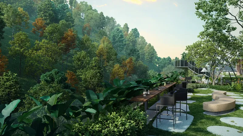 Breeze Hill bar lounge on a forest-edge terrace, artist's impression