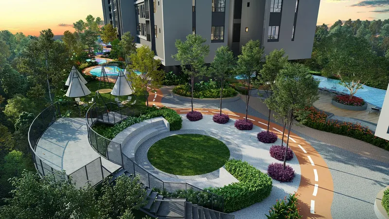 Breeze Hill cantilever viewing deck and jogging path with the pools beyond, artist's impression