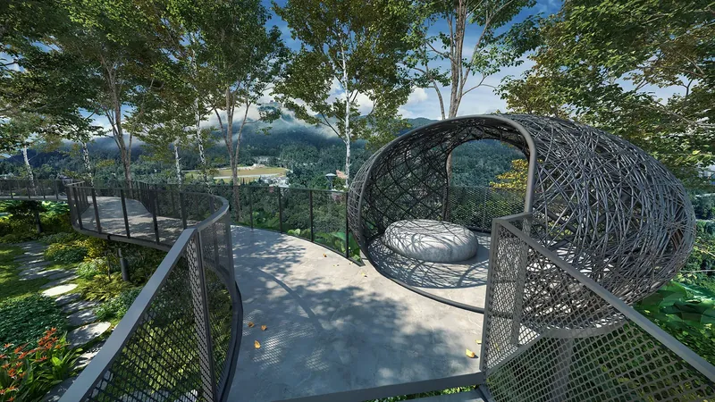 Breeze Hill cocoon pavilion on the overhead walk among the treetops, artist's impression