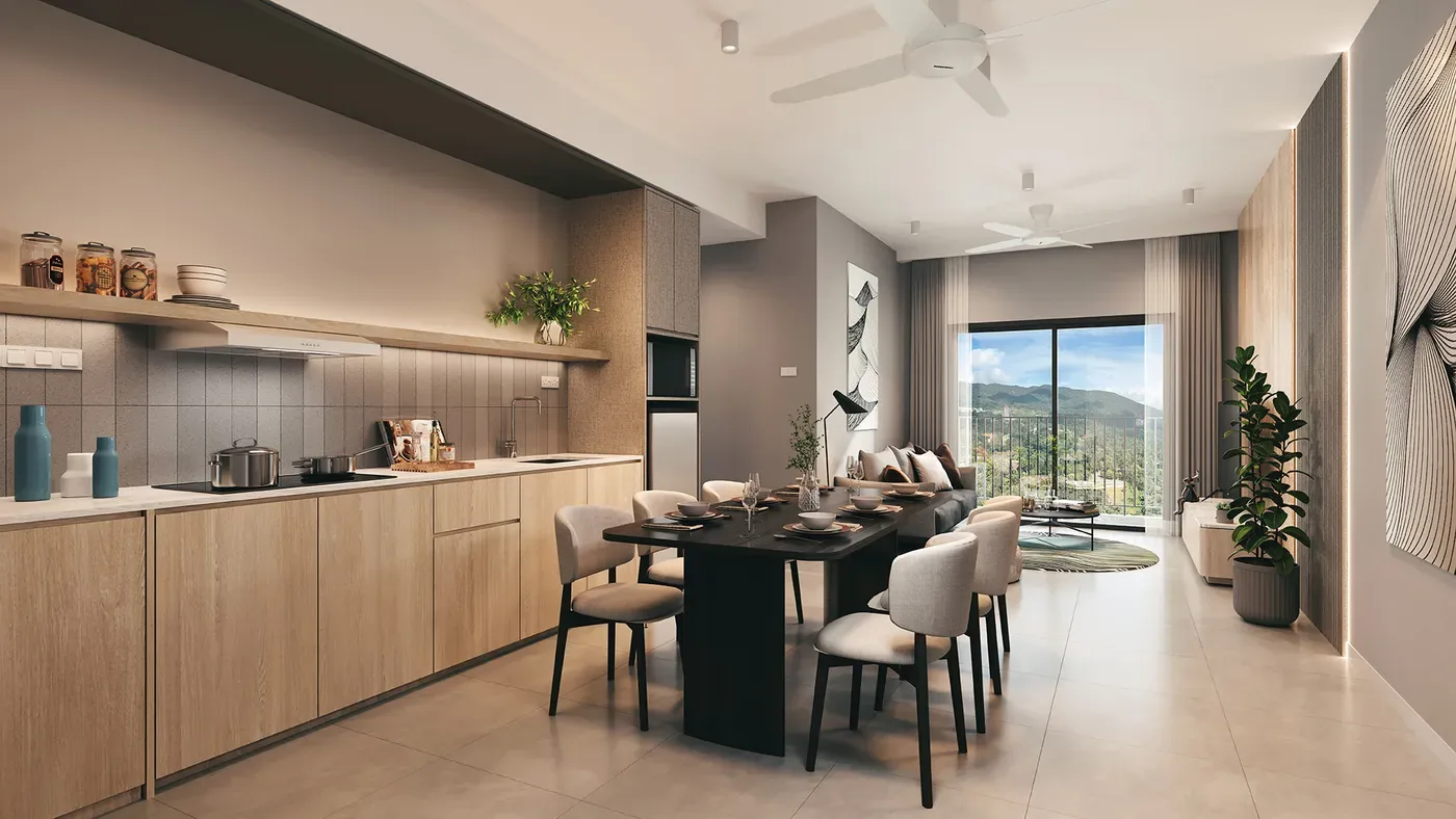 Breeze Hill fully furnished kitchen, dining and living area, artist's impression