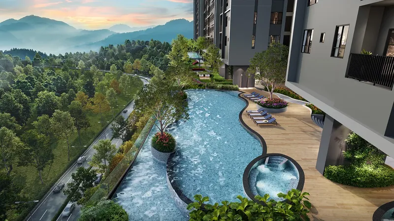 Breeze Hill family pool and heated jacuzzi with mountain views, artist's impression