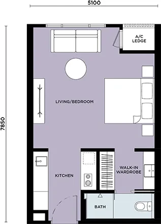 Breeze Hill Type A floor plan: 431 sq ft studio with living and bed area, kitchen, walk-in wardrobe and bathroom