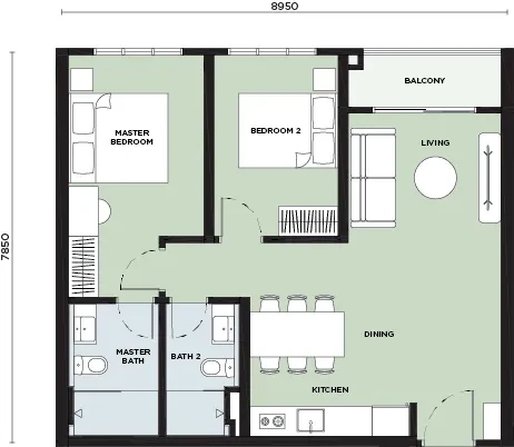 Breeze Hill Type B floor plan: 756 sq ft two-bedroom with master bedroom, bedroom 2, two bathrooms, living, dining and balcony