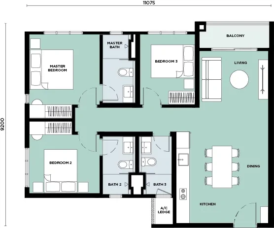 Breeze Hill Type C floor plan: 975 sq ft three-bedroom with master bedroom, two further bedrooms, three bathrooms, living, dining and balcony