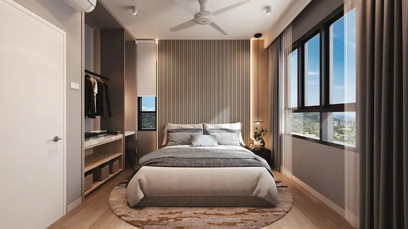 Breeze Hill fully furnished master bedroom with a view of the hills, artist's impression