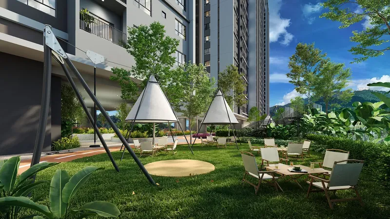 Breeze Hill pocket camp with teepee-style tents and a lawn for children, artist's impression