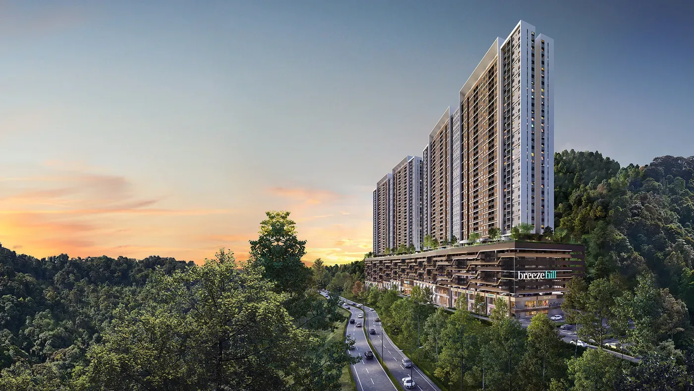 Breeze Hill towers rising from the forested midhills of Gohtong Jaya, Genting Highlands, artist's impression
