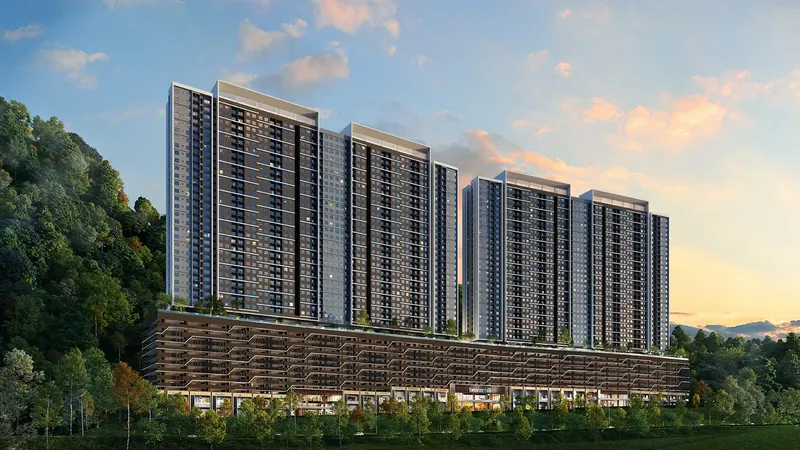 Breeze Hill's two 27-storey towers above the Breeze Hill Shoppes podium at dusk, artist's impression