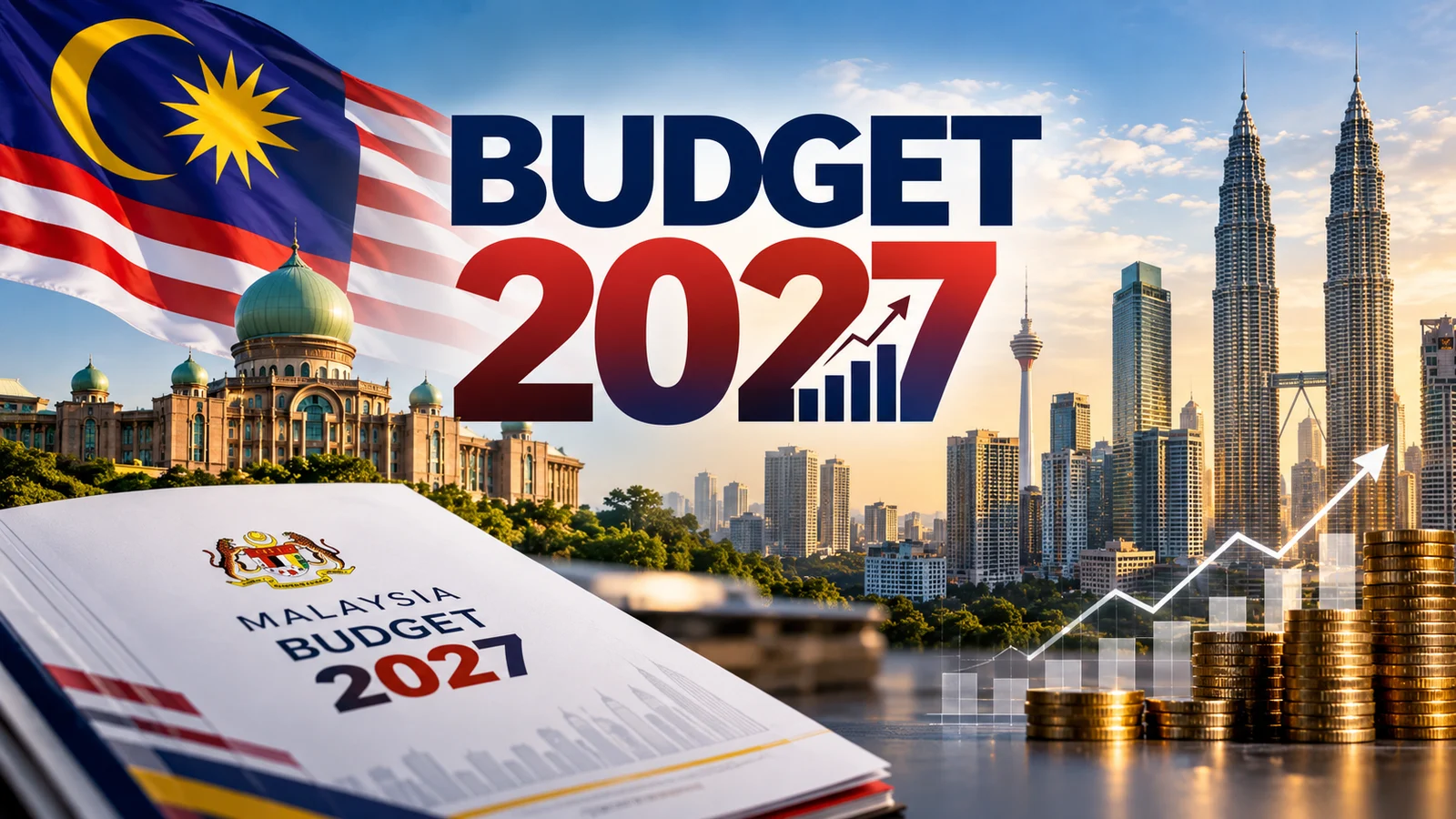 Budget 2027 Malaysia graphic with the national flag, Putrajaya and the Kuala Lumpur skyline