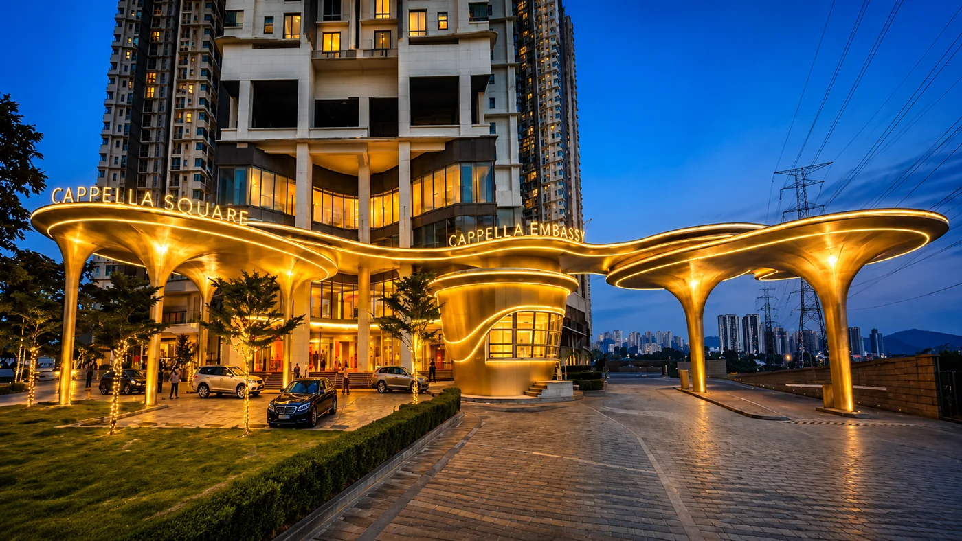 Cappella Embassy porte-cochère entrance lit up at dusk, Jalan Nipah, Ampang Hilir, Kuala Lumpur