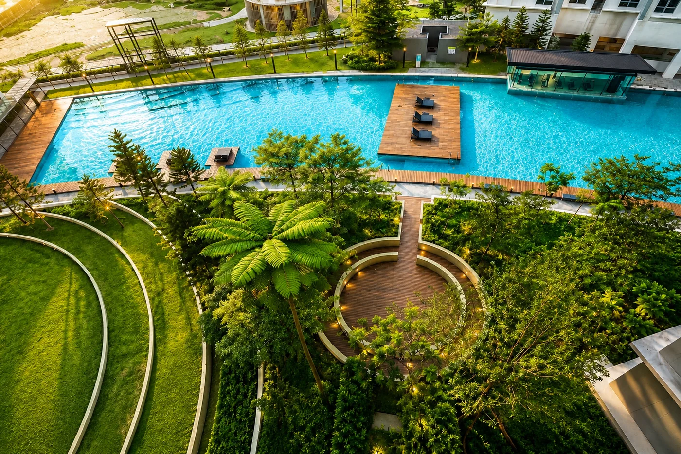 Aerial view of the 76-metre swimming pool and landscaped deck at Cappella Embassy