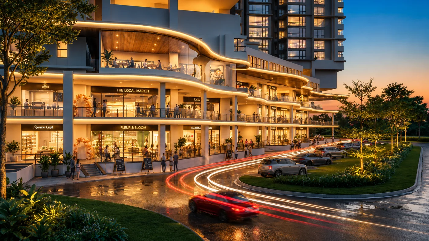 Cappella Embassy ground-floor retail street at dusk, artist's impression