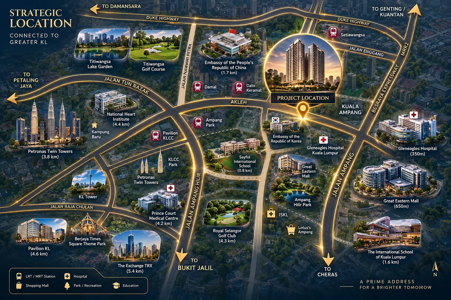 Cappella Embassy strategic location map with distances to KLCC, embassies, Gleneagles Hospital, Great Eastern Mall and ISKL