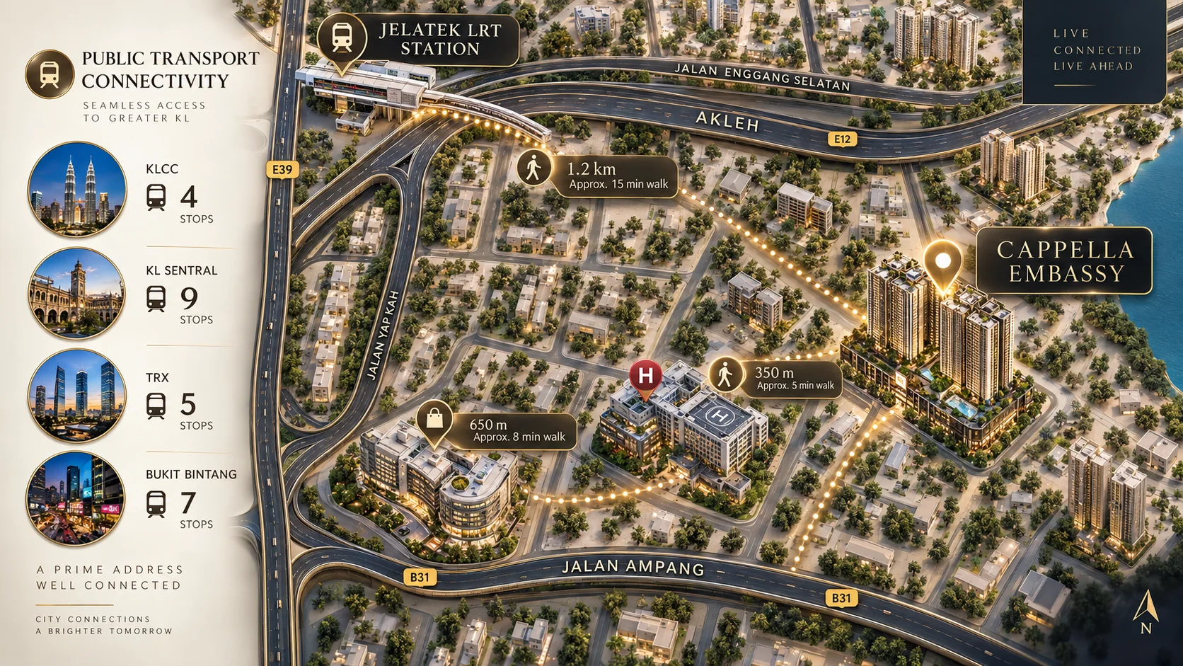 Cappella Embassy transport connectivity map showing walking distances to Jelatek LRT station, Gleneagles Hospital and Great Eastern Mall