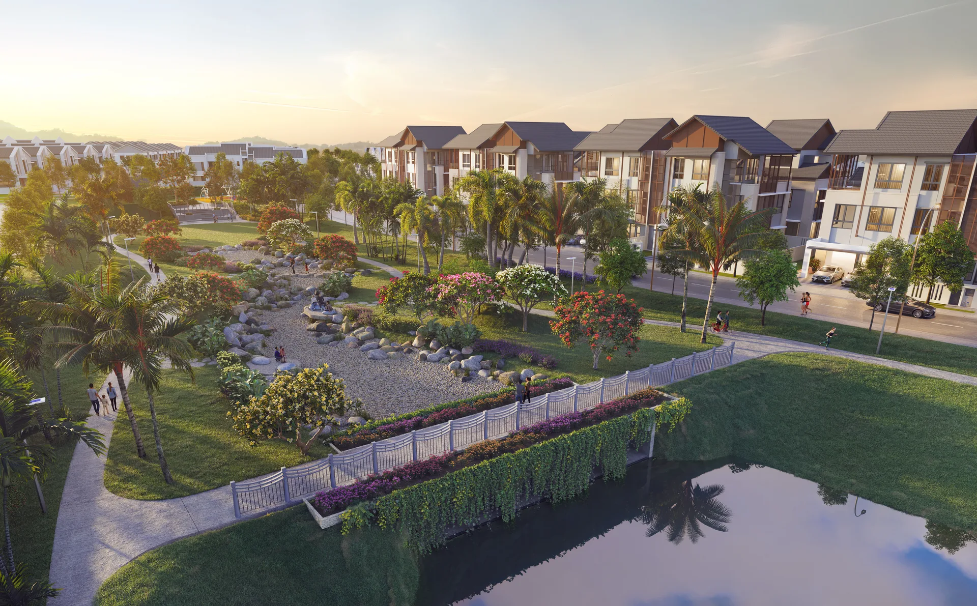 Casa D'Arcadia semi-detached homes beside the lakeside park at golden hour, artist's impression