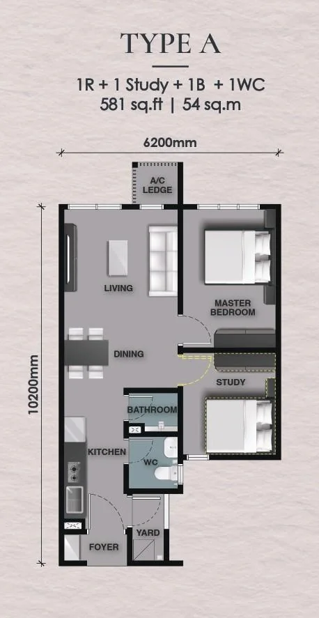 The Celestz Type A floor plan — 581 sq ft, 1 bedroom + study