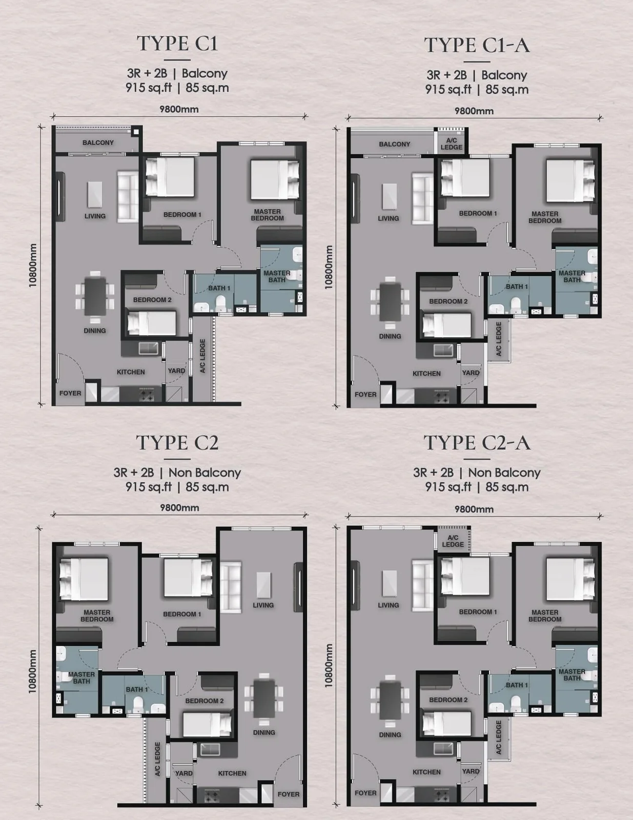 The Celestz Type C1/C1A/C2/C2A floor plans — 915 sq ft, 3 bedrooms