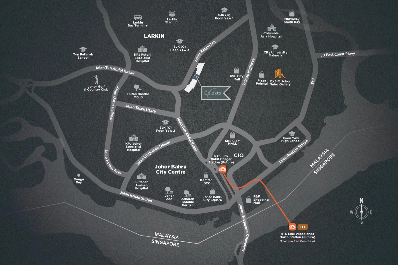 Location map of The Celestz @ Kebun Teh on Jalan Kebun Teh with CIQ, the future RTS Link Bukit Chagar station, KSL City Mall and Komtar JBCC marked