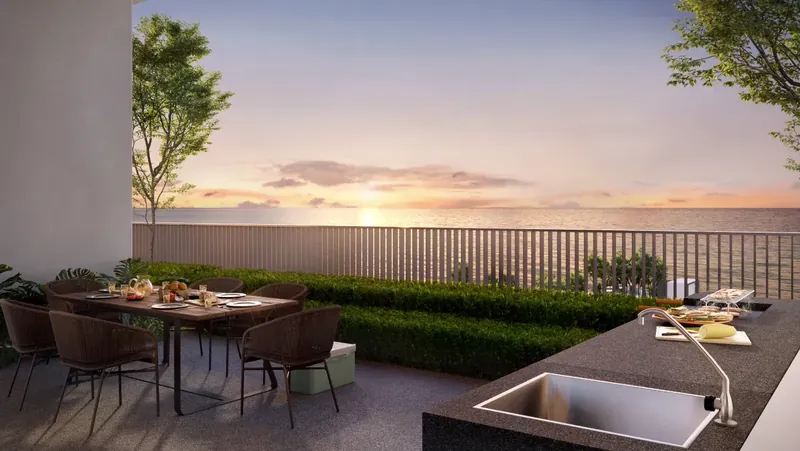 Clarissa BBQ terrace with a sea view at sunset, artist's impression