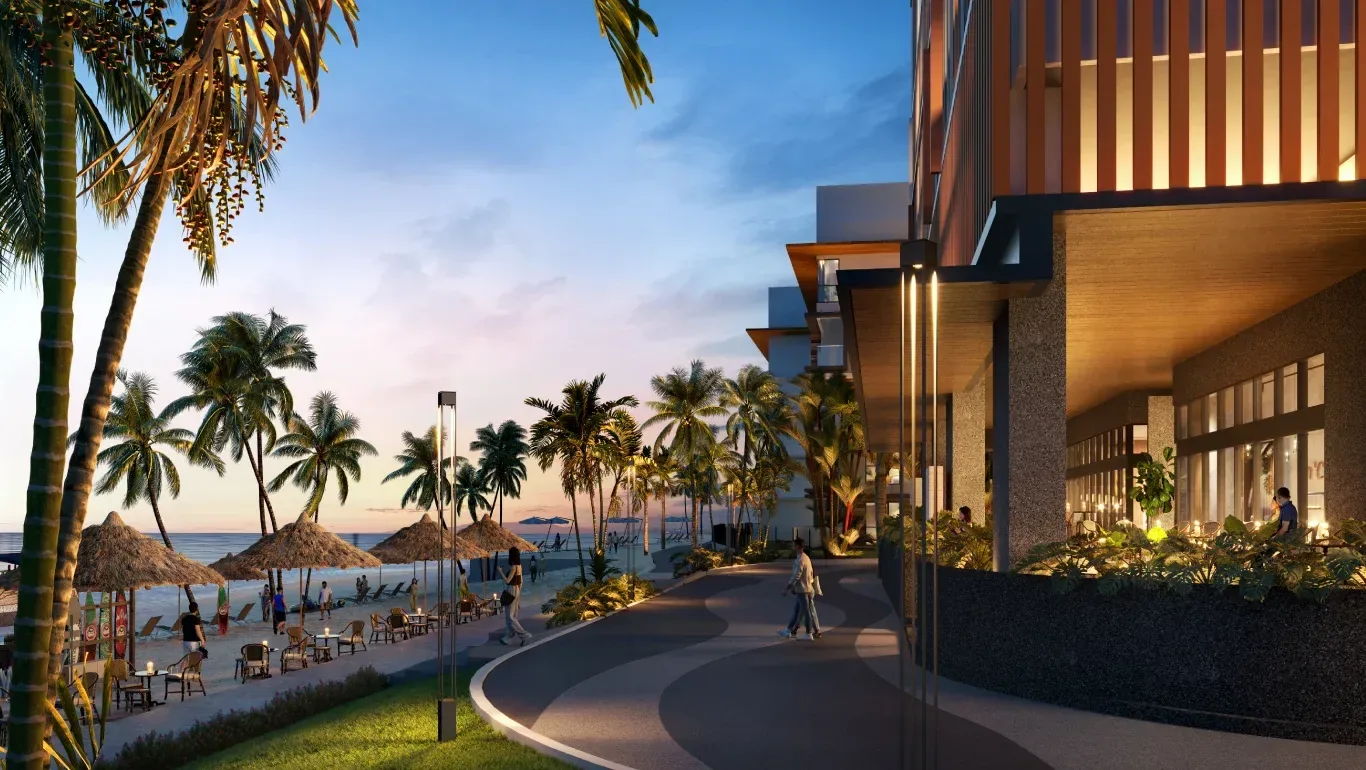 Clarissa beachfront alfresco walkway lined with palms and beach umbrellas on Pantai Cenang, artist's impression