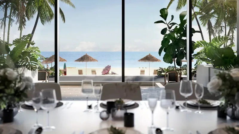 Clarissa beachfront dining area looking out to the beach, artist's impression