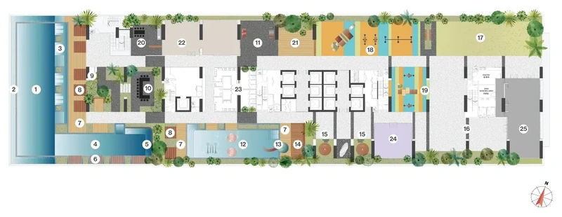 Clarissa facilities plan with 25 numbered podium facilities