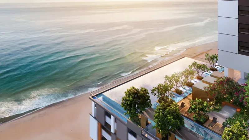 Clarissa podium pool deck with an infinity edge facing the Andaman Sea and Pantai Cenang beach, artist's impression