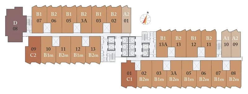 Clarissa typical floor key plan showing where Types A1, A2, B1, B1m, B2, B2m, C1, C2 and D sit across the two wings