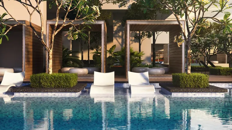 Clarissa pool cabanas and in-pool loungers, artist's impression