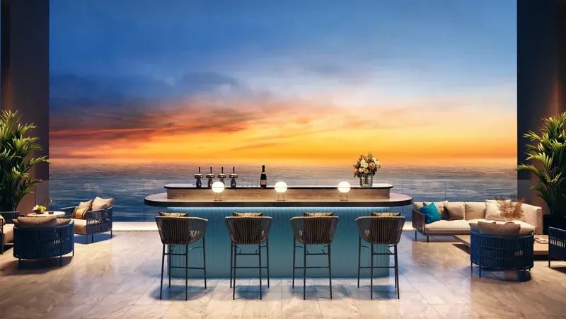 Clarissa private rooftop bar at sunset over the Andaman Sea, artist's impression